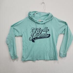 Womens Large Myrtle Beach South Carolina Hooded Long Sleeve Shirt Teal Blue